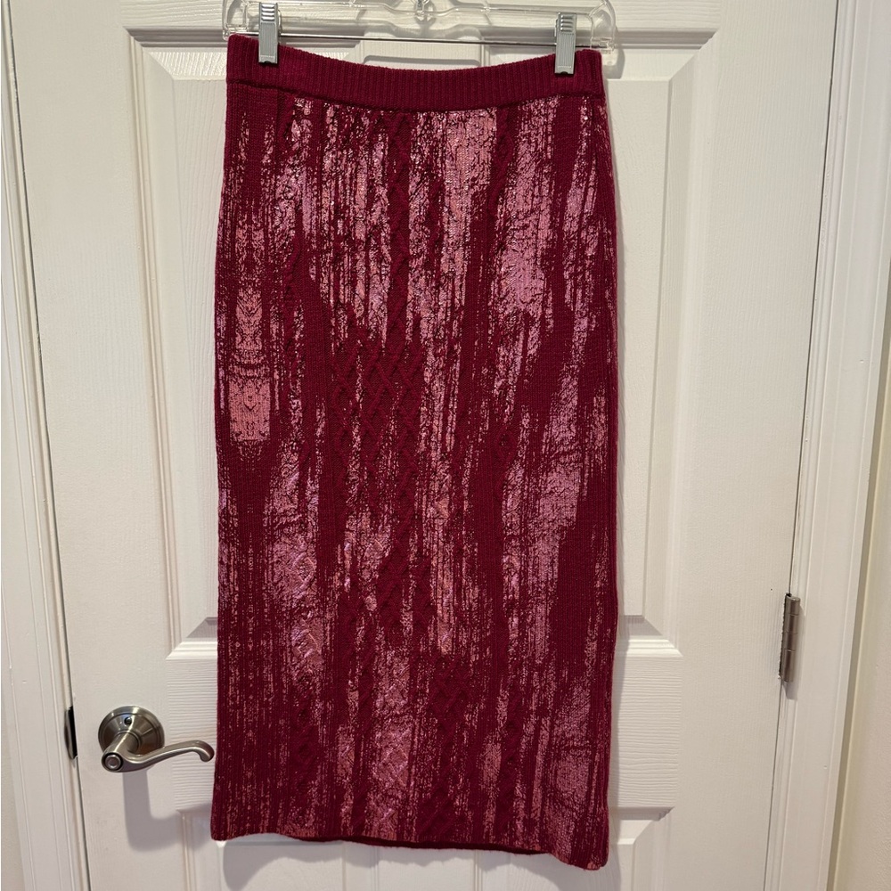 Anthropologie Dark Pink and Silver/metallic Cable Knit Textured Midi Skirt